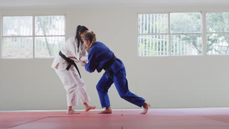 judokas training by doing a randori on the judo mat