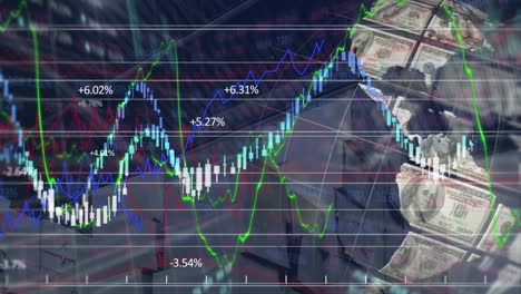 animación del procesamiento de datos financieros con un globo formado con dólares estadounidenses