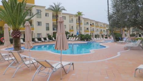 a panning view of the bh mallorca with its pool and chairs with no people is the place to stay and be seen in magaluf, the party capital of the world