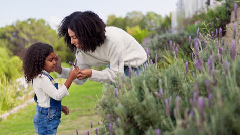 mother, girl and giving lavender flowers