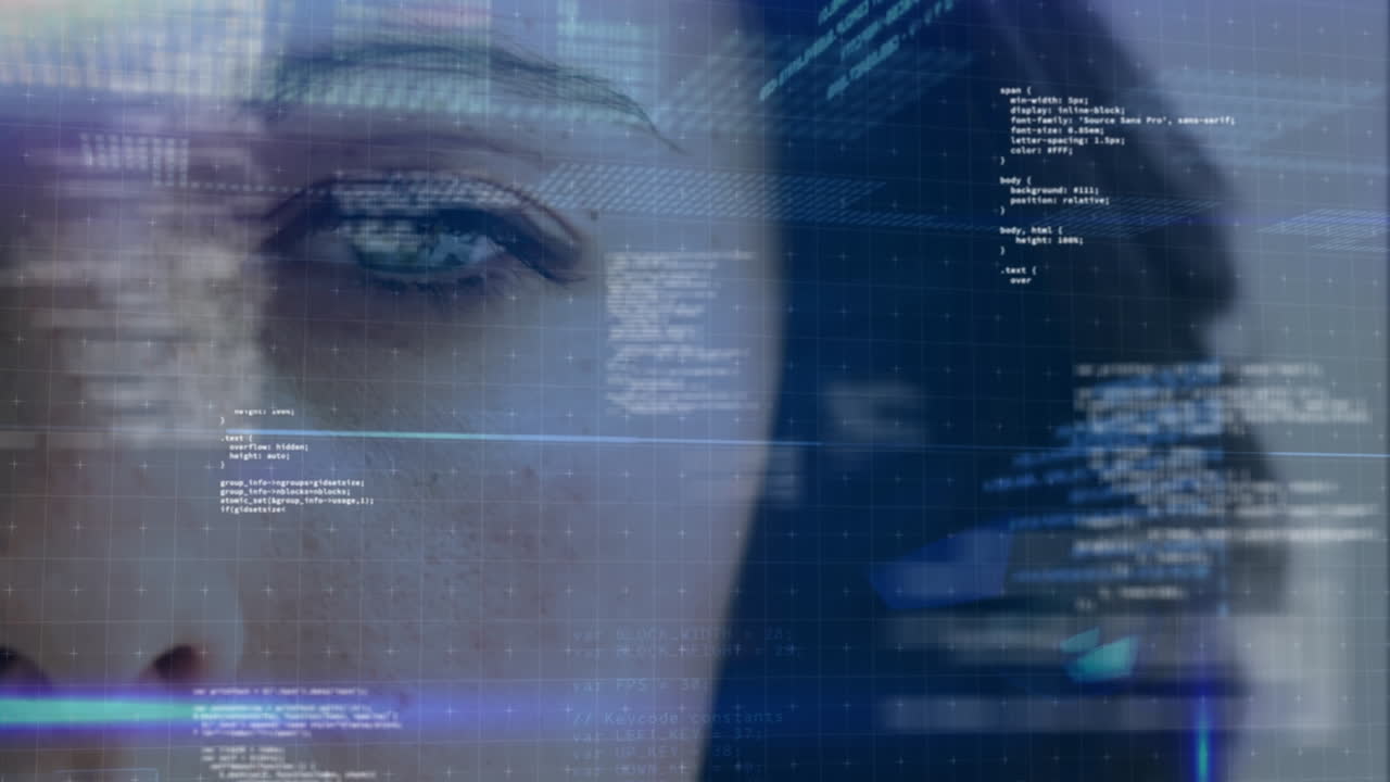 cara de mujer contra códigos binarios e informaciones de datos