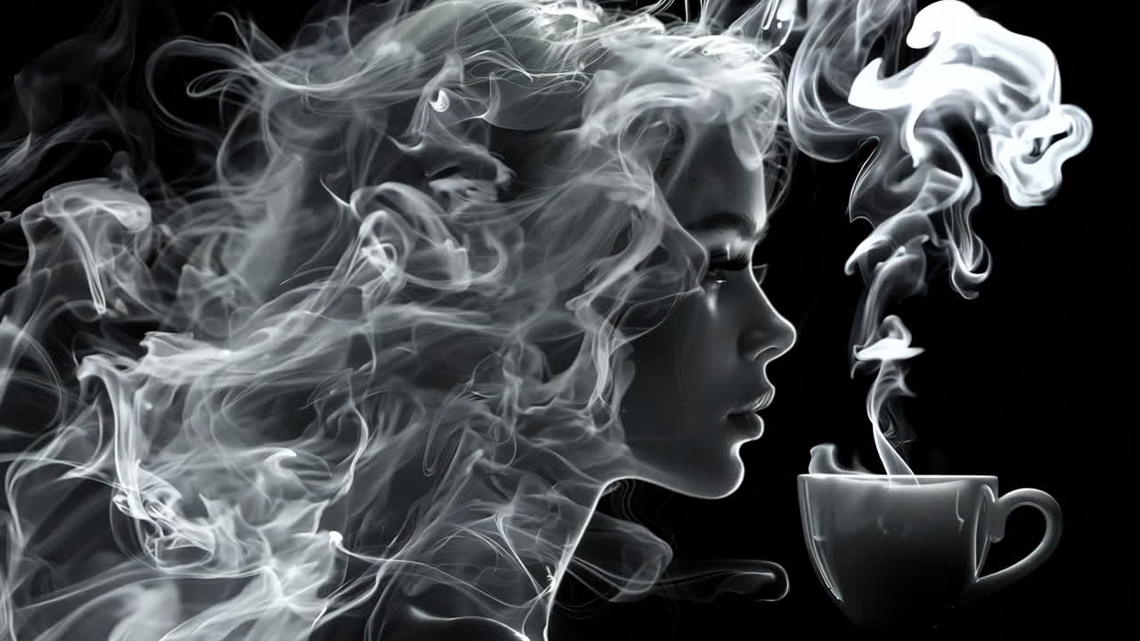 A woman with long hair is blowing smoke out of her mouth. A cup is next to her