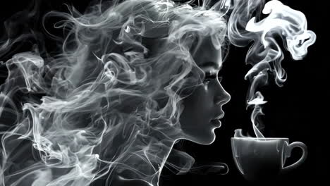 a woman with long hair is blowing smoke out of her mouth. a cup is next to her