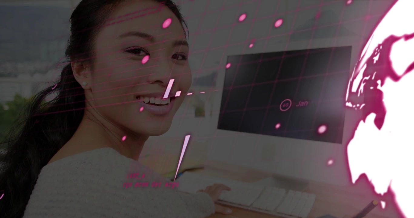 Vertical video: Woman typing and using tablet, causing pink bars and pie animating for analytics