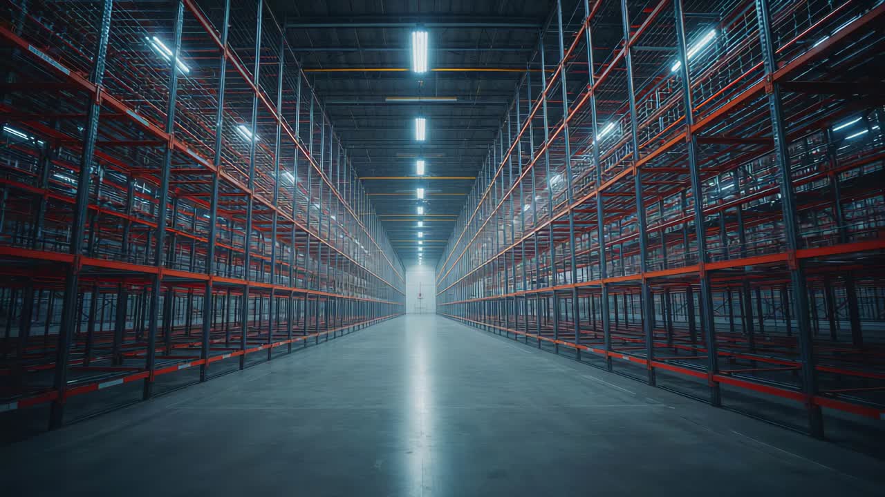 Gliding camera revealing warehouse aisle with red-and-gray pallet racks converging toward exit door