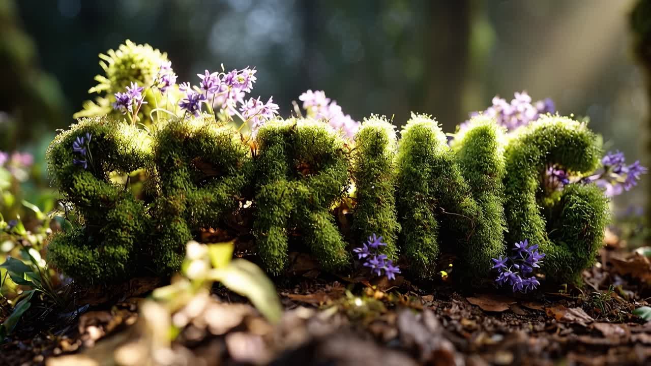 Mossy letters spell "SPRING" in a forest glade. Tiny purple flowers bloom around the green letters. Sunlight filters through tall trees above. Damp earth and fallen leaves surround the scene