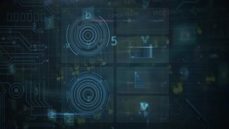 animation of cyber security data processing over interface with data processing on blue background