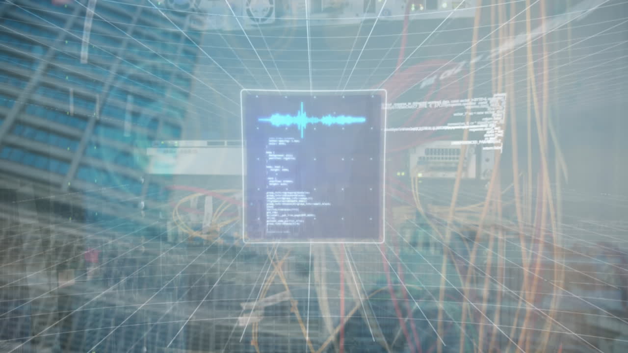 animación del procesamiento de datos financieros y servidores sobre el paisaje urbano.
