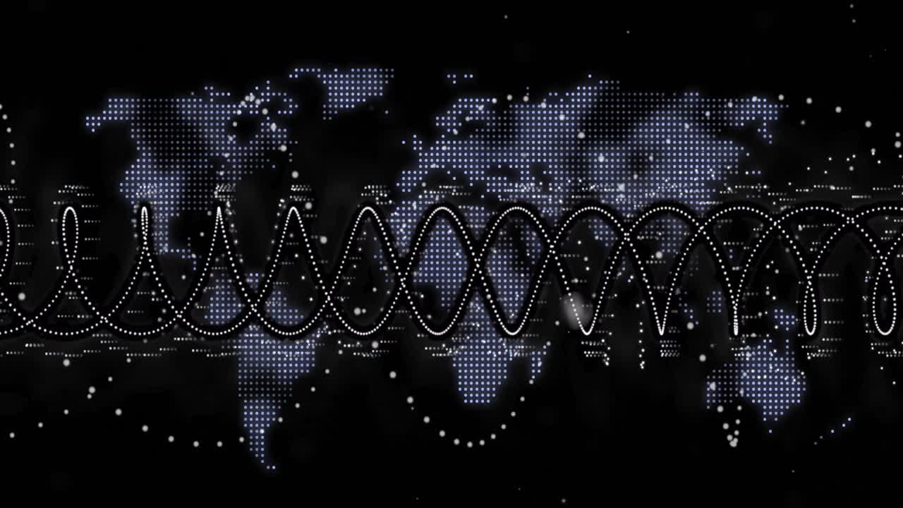 animación del hilado de cadenas de adn y procesamiento de datos sobre el mapa del mundo