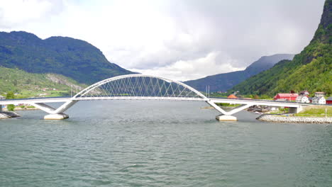 majestic aerial view of sogndal, norway with the sognefjord, lush mountains, and sogndal bridge under clear skies. breathtaking nordic landscape in soft natural light