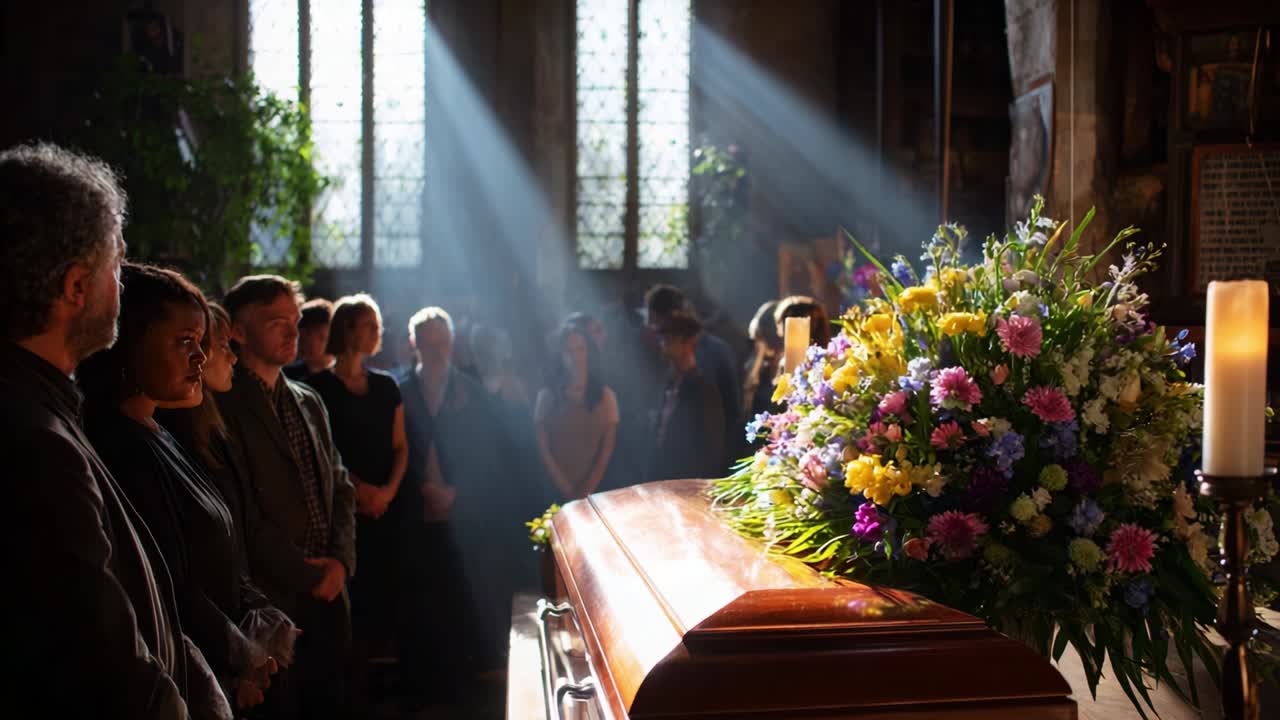 A somber gathering in a quaint chapel highlights the poignant farewell to a loved one, illuminated by soft beams of light that dance through stained glass, embracing a heartfelt memorial adorned with vibrant flowers