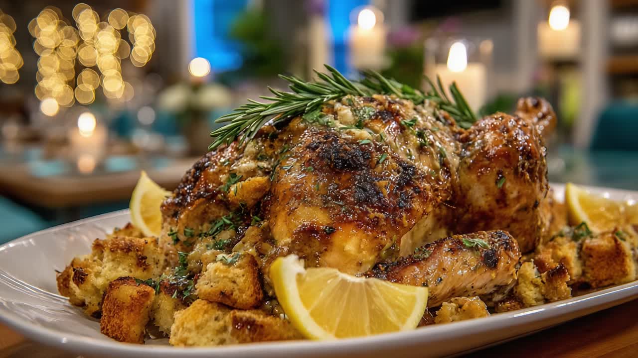 A Deliciously Roasted Chicken Garnished with Fresh Herbs and Accompanied by Tasty Bread Stuffing, Perfectly Displayed in an Elegant Dining Setting