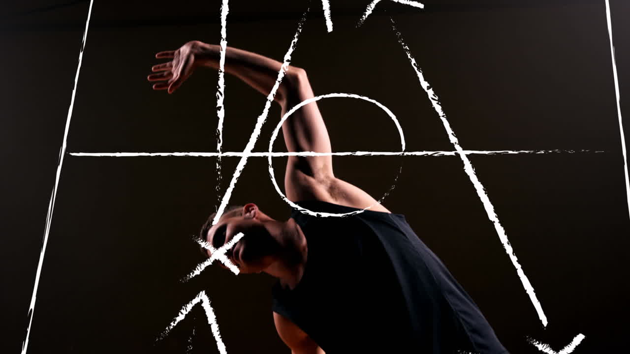 스타디움 계획 위에 백인 남성 농구 선수의 애니메이션