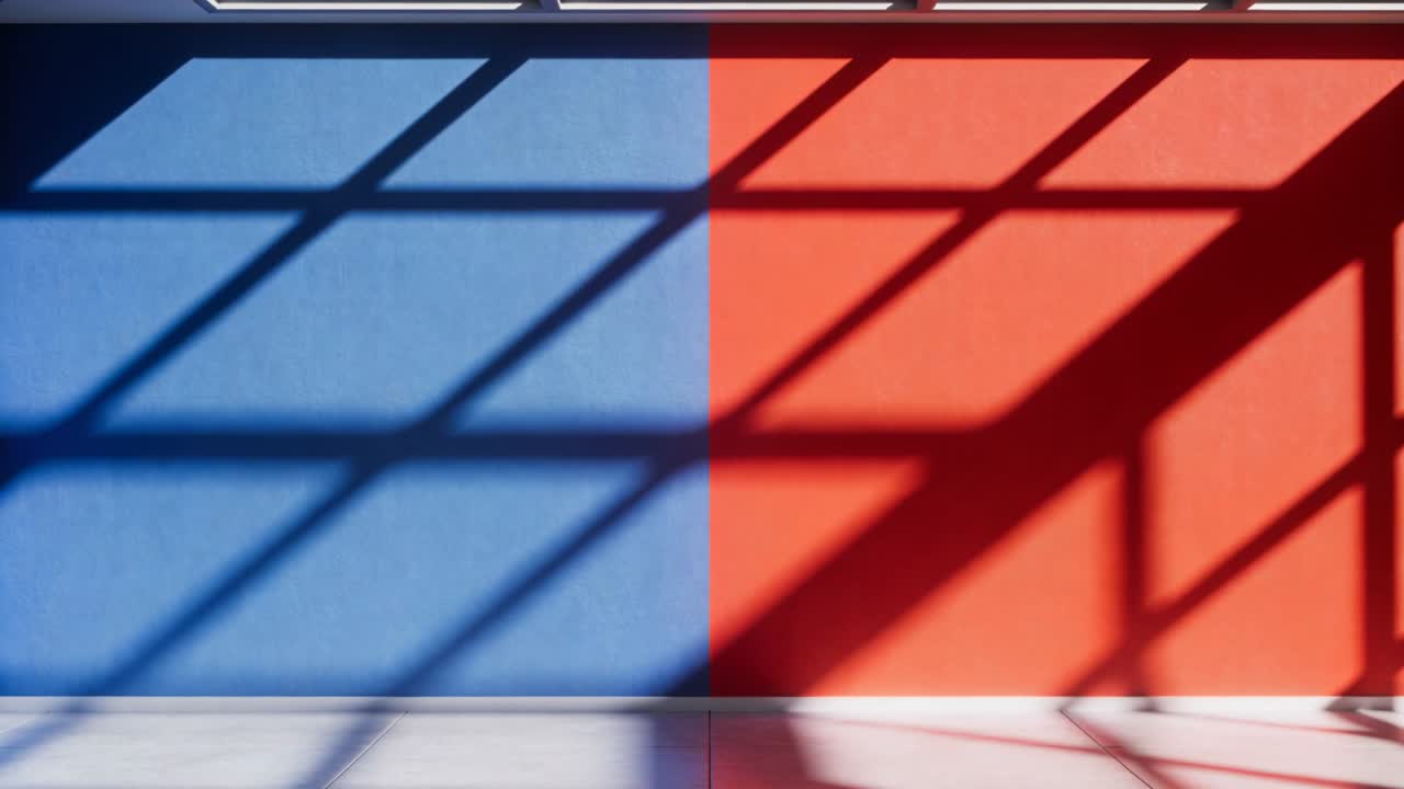 Shifting sunlight casting skylight shadow grid across blue-red wall, tiled floor, baseboard