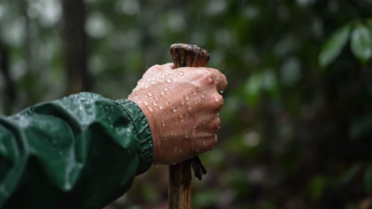 Hand holding walking stick in the rain