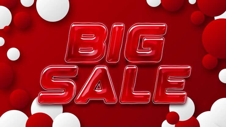 Banner promozionale 'Grandi Saldi' con testo rosso 3D e sfere