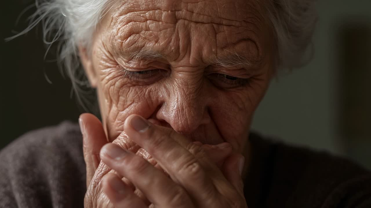 Opening close-up capturing senior woman raising hands to cover mouth in dim room, reflecting shock