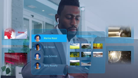 animation of social media posts and people profiles over african american man using laptop