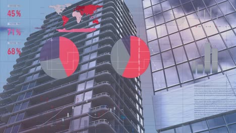 animation of statistical data processing against tall buildings