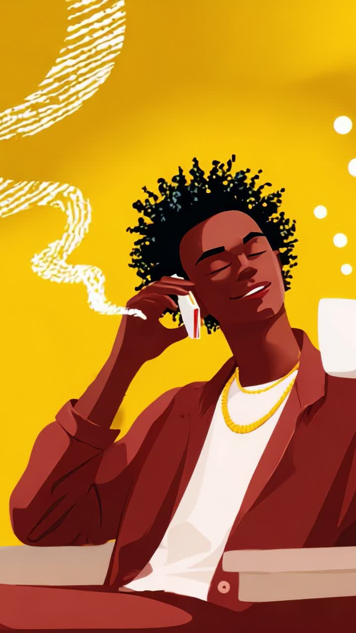 Una persona rilassata si gode un momento di tranquillità con una tazza, contemplando la vita con un sorriso su uno sfondo giallo brillante con elementi da sogno