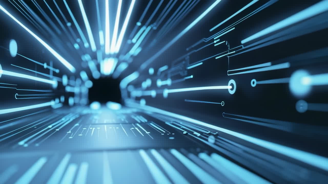 Abstract Futuristic Digital Technology Tunnel with Glowing Blue Lines