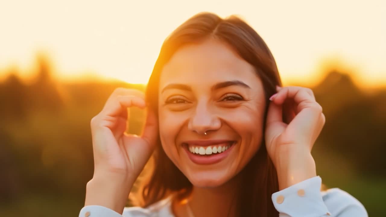 mujer sonriente con cabello largo en la puesta de sol