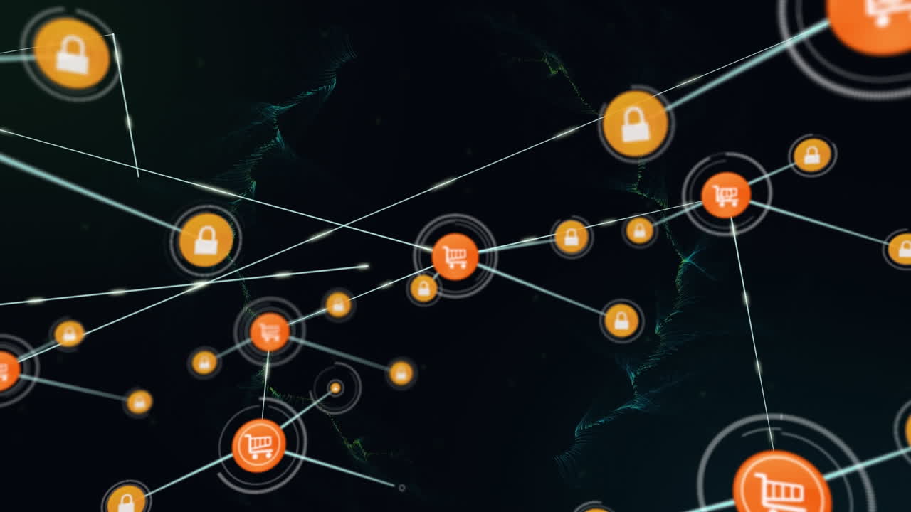 Animazione di una rete di connessioni con icone digitali su scie di fumo verde