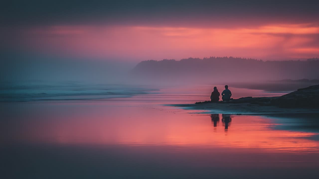 Tranquil Sunset Reflection: A Serene Moment at the Beach Captured in Stunning Colors and Soft Hues, as Two Silhouetted Figures Embrace the Calmness of Nature's Display