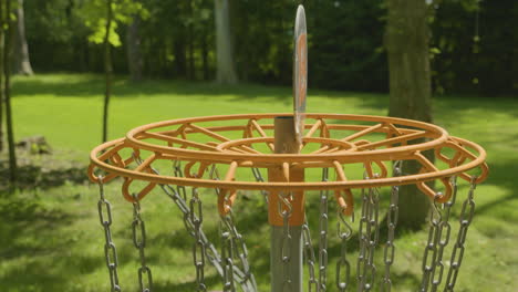 a disc hits the chains of a disc golf basket, capturing the dynamic moment of scoring in a verdant park