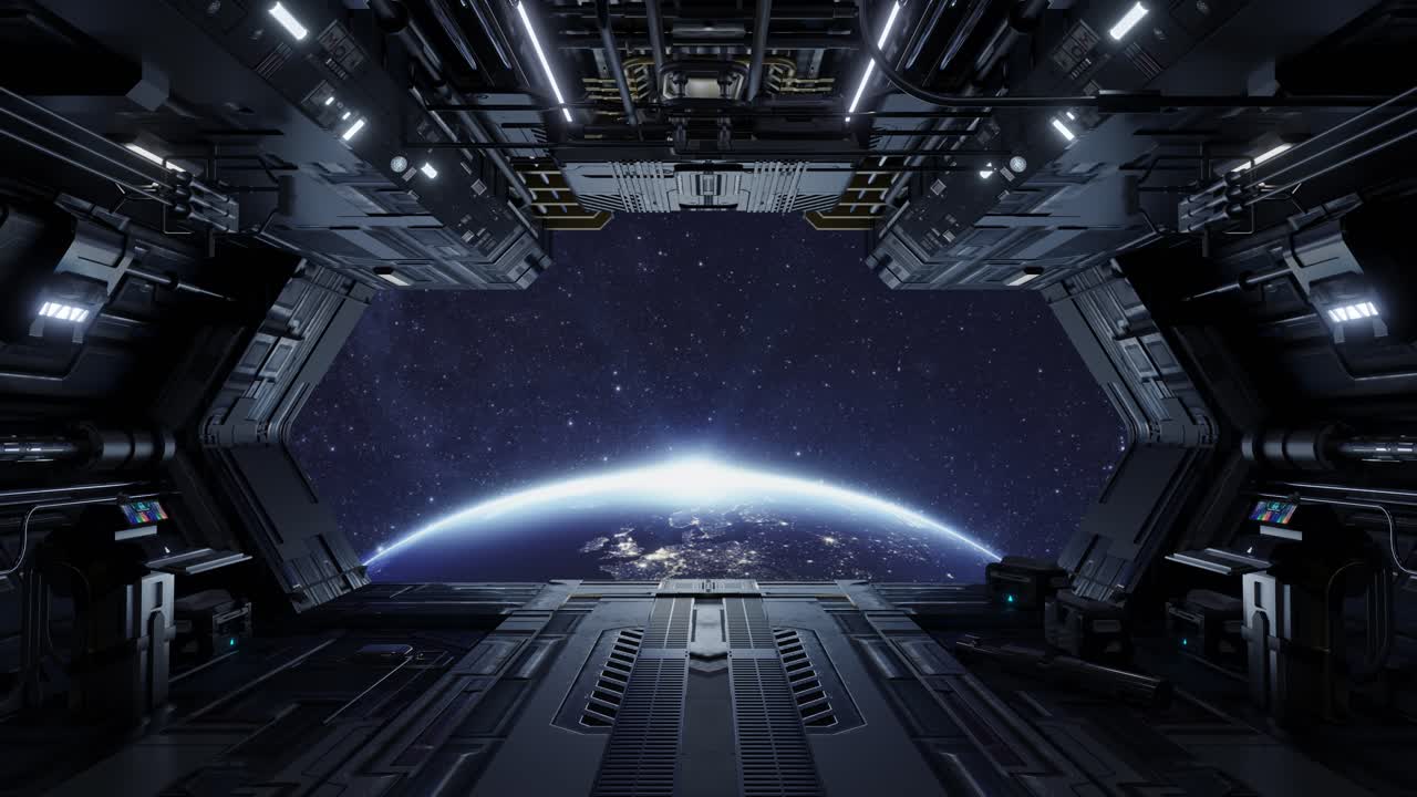 Futuristic spacecraft overlooking planet glowing with sunlight