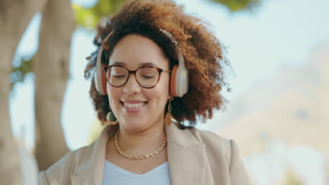 Walking,-outdoor-and-woman-with-headphones