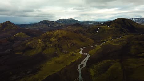 aerial landscape view of icelandic highlands with snow capped mountain's peaks, and a river flowing