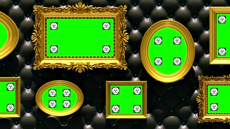 picture gallery 3d animation. gold picture frames on luxury black upholstery background. camera moves along the wall, seamless loop. motion tracking markers and green screen included.