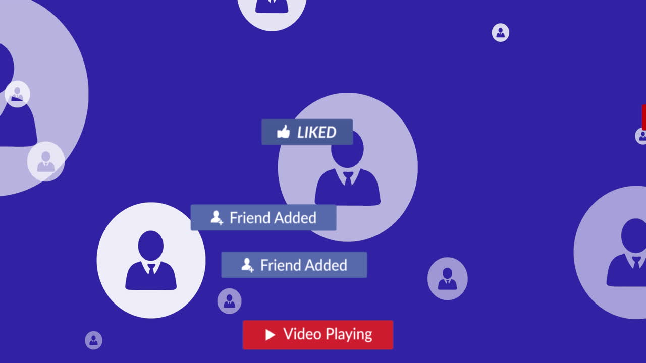 animación del texto de las redes sociales en banners con iconos digitales sobre fondo púrpura