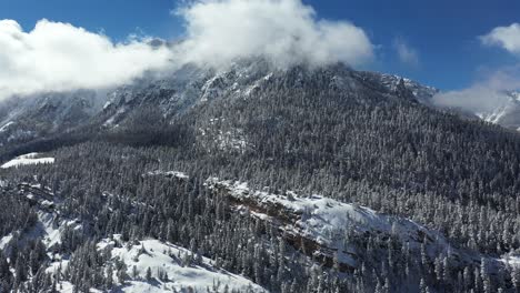 aerial view of snow capped san juan mountain hills in winter landscape of ouray colorado, switzerland of america, drone shot