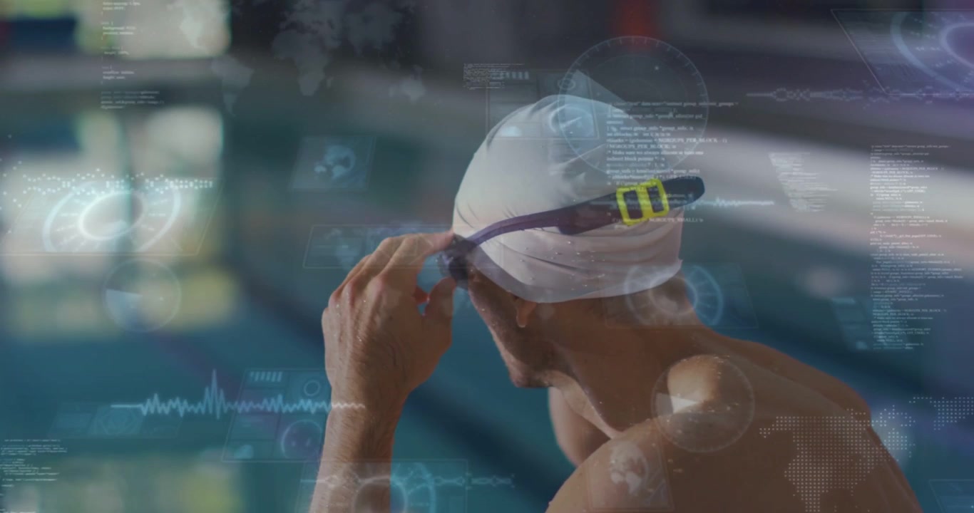 Svømmer justerer svømmebrillerem ved poolkanten, mens biometrisk HUD vises og guider svømmetræningen.