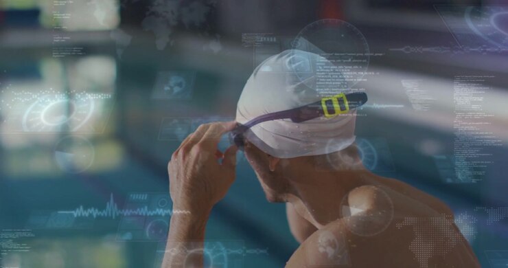 Svømmer justerer svømmebrillerem ved poolkanten, mens biometrisk HUD vises og guider svømmetræningen.