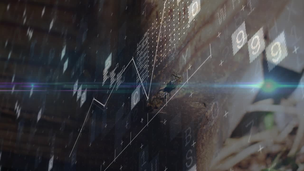 Upon grid fading in, graph climbing and cubes drifting with lens flare sweeping, visualizing data
