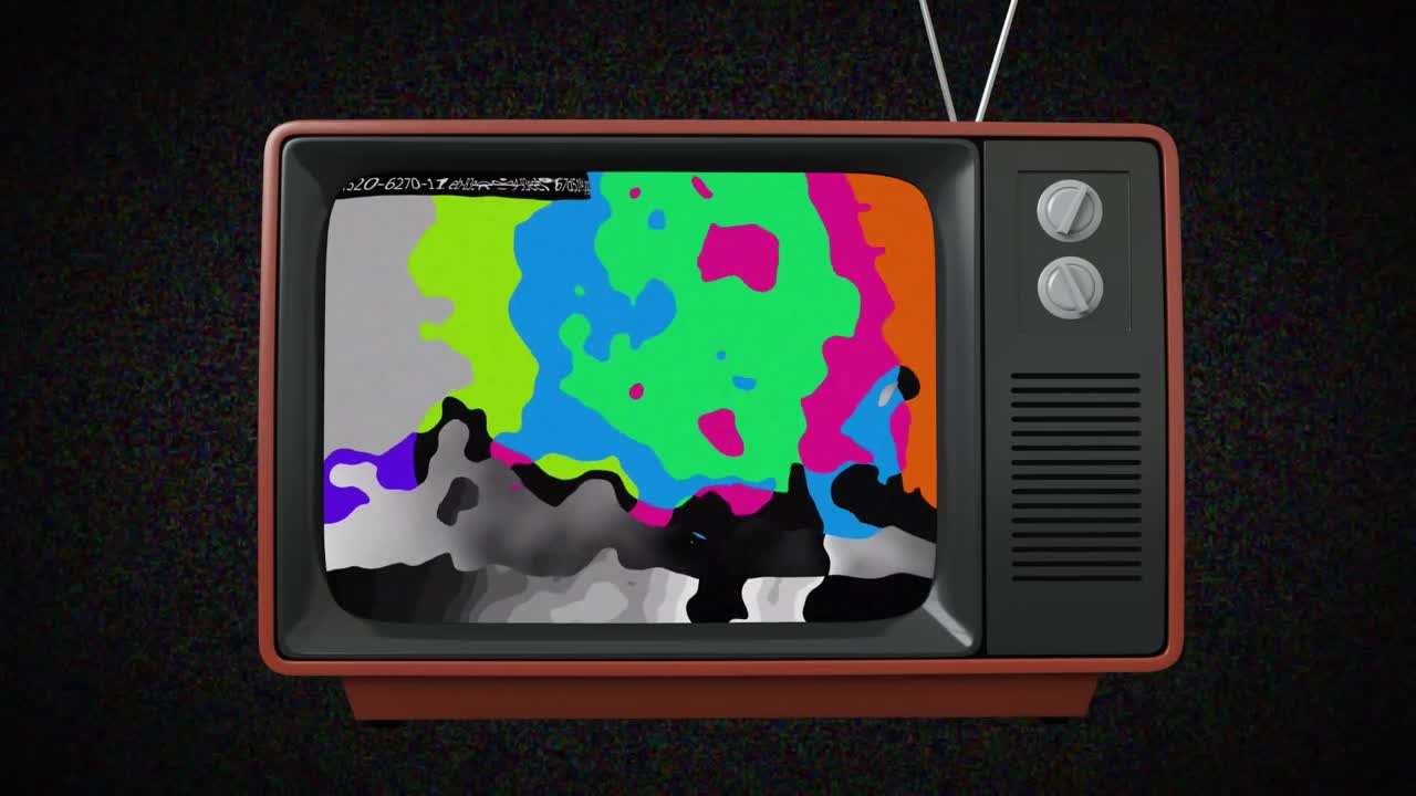 animación de un televisor retro con barras de color distorsionadas en la pantalla, y lo mismo en el fondo