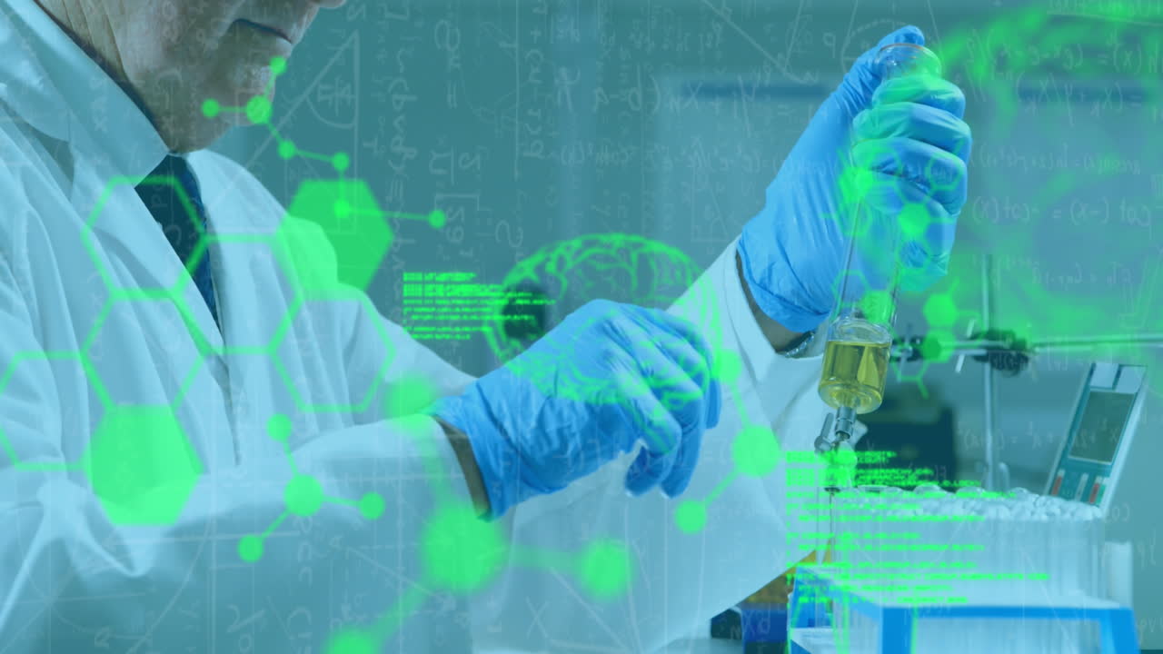 뇌의 애니메이션, 컴퓨터 언어, 백인 연구자가 실험 튜브에 액체를 주입하는 것