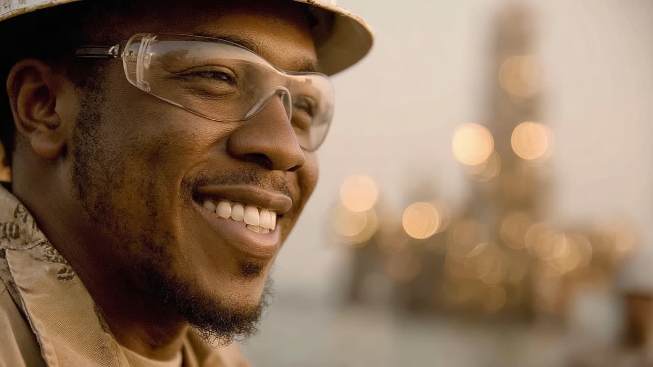 A cheerful worker in protective gear smiles confidently, showcasing safety and pride in his achievements against the backdrop of an oil rig, symbolizing dedication and industry