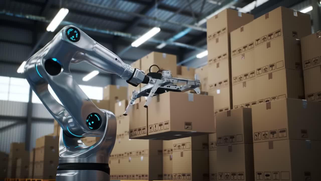 Advanced Robotic Arm in Action: Efficiently Handling and Organizing Cardboard Boxes in a Warehouse Environment, Showcasing Technology and Automation in Logistics