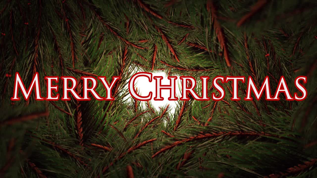 animación de saludos de navidad sobre la decoración de navidad de ramas de abeto