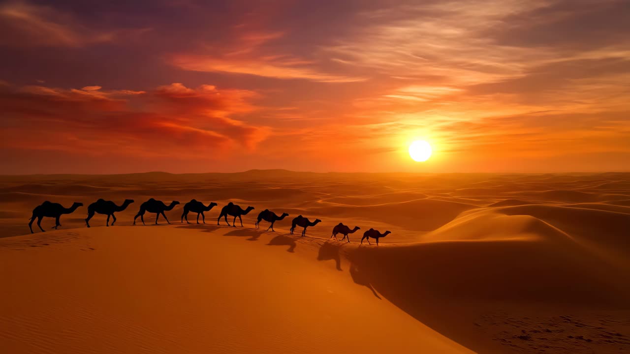 해가 지는 동안 사막을 고 있는 낙타들