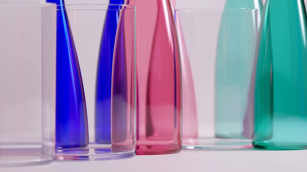 Vasi di vetro color pastello allineati su un tavolo bianco da studio, con bottiglie trasparenti verde acqua e rosa che creano una sfumatura delicata.