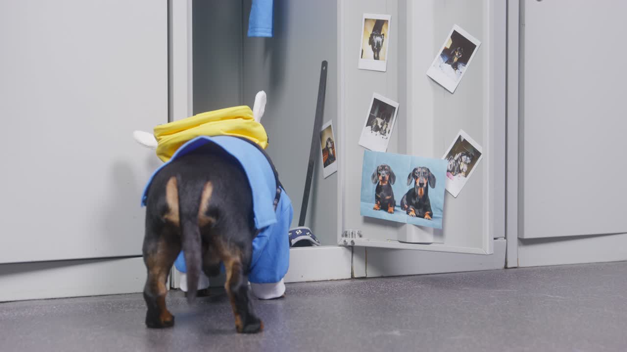 Dachshund puppy in uniform and with backpack in the shape of bee behind its back picks at the locker, looking for something, then closes its door and leaves