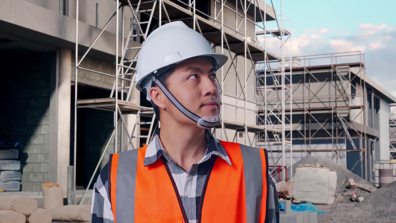 Close Up Of Asian Male Engineer With Safety Helmet Looking Around While Standing At Building & Construction Site in Progress to New House