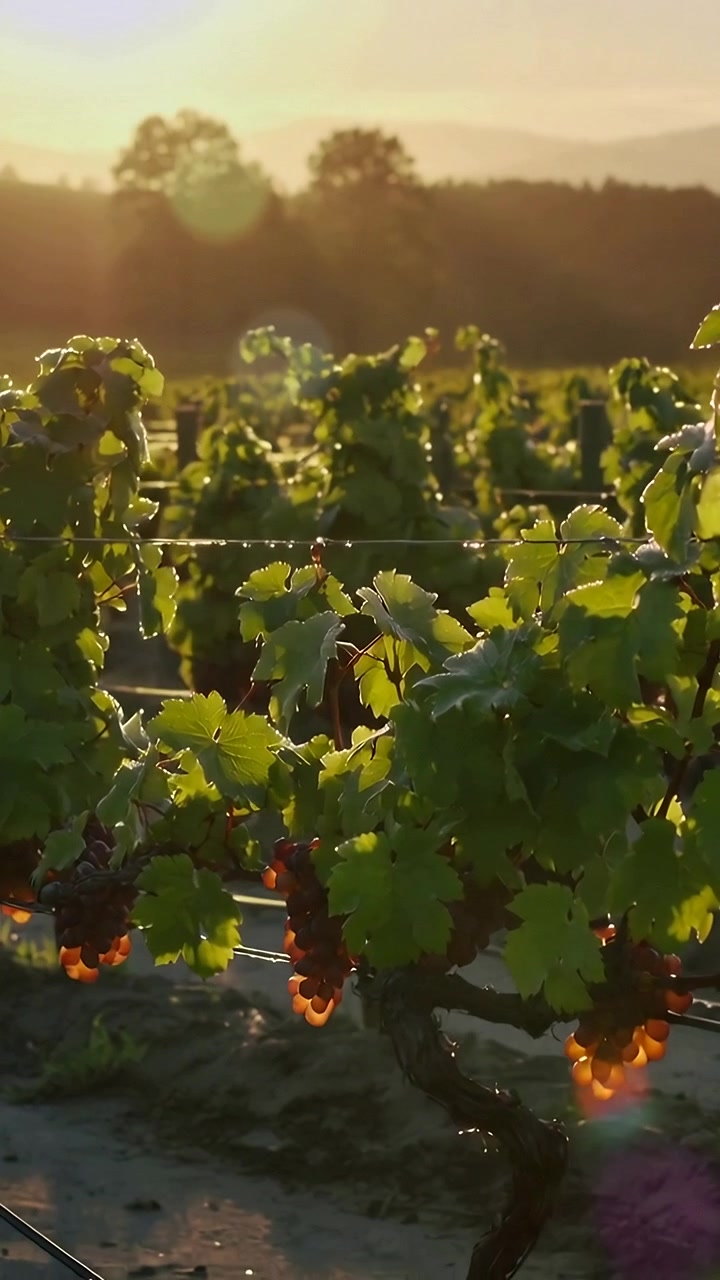 Video verticale: Telecamera in movimento che rivela l'uva in primo piano in controluce in un vigneto, mostrando la rugiada e il traliccio.