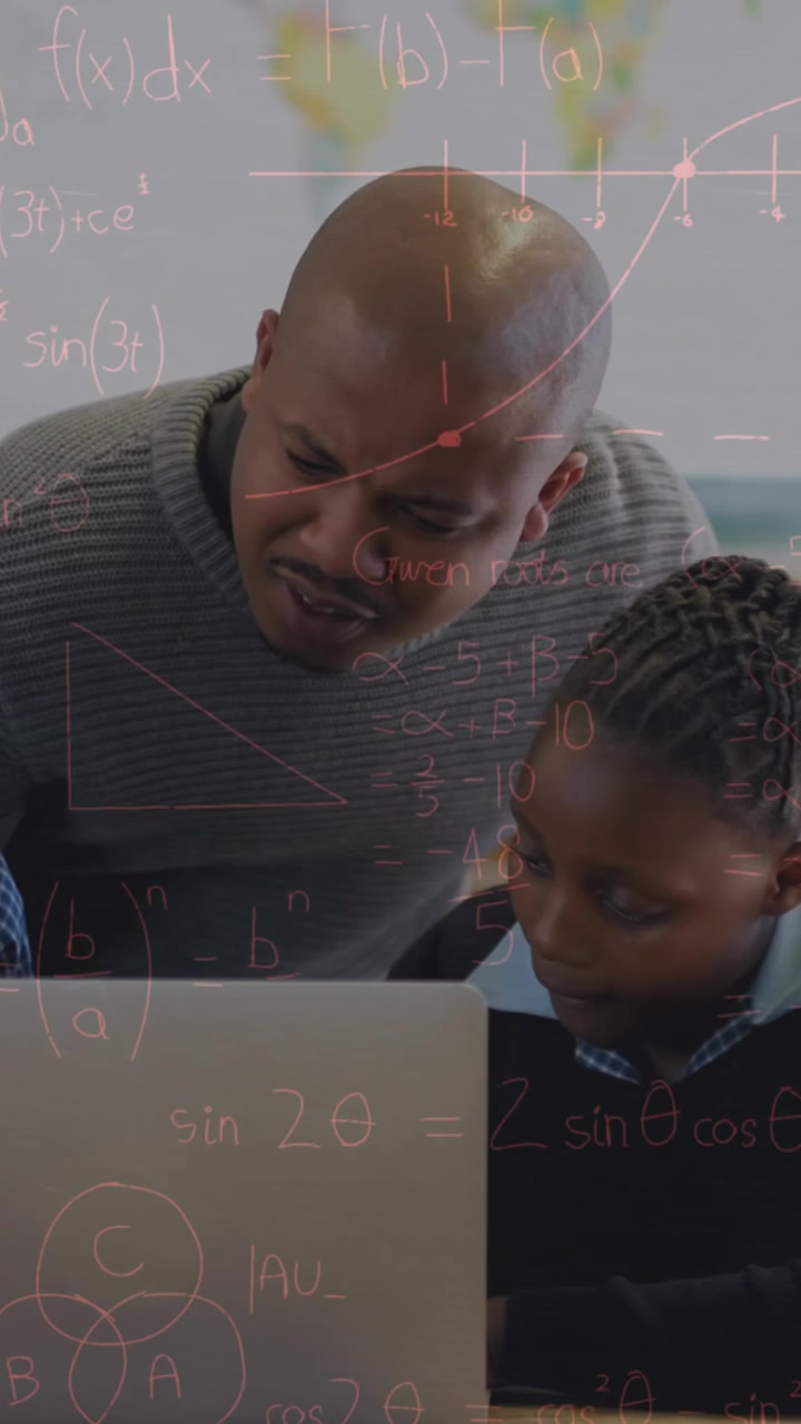 Animation of math formulas moving over african american male teacher and pupils with laptop
