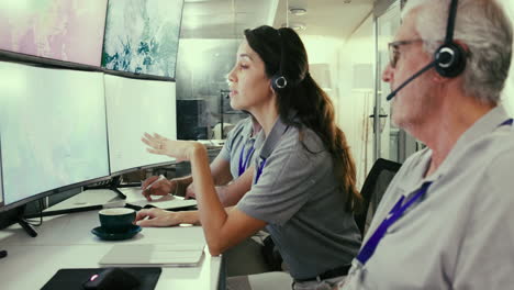 un equipo de profesionales trabaja en una oficina, colaborando en un proyecto y analizando datos.